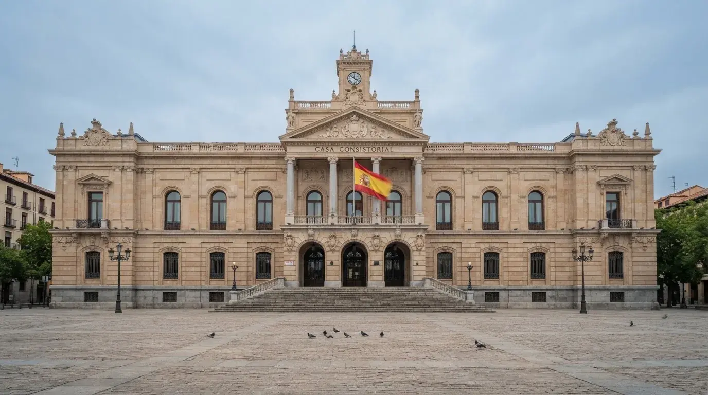 Fachada clásica de un edificio administrativo con una bandera ondeando y una plaza vacía al frente.