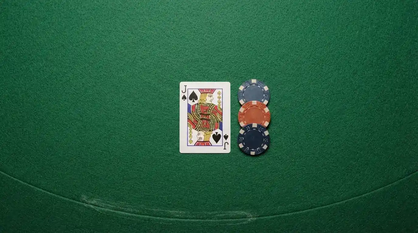Vista cenital de una baraja de cartas y fichas de casino apiladas sobre una mesa de fieltro verde.