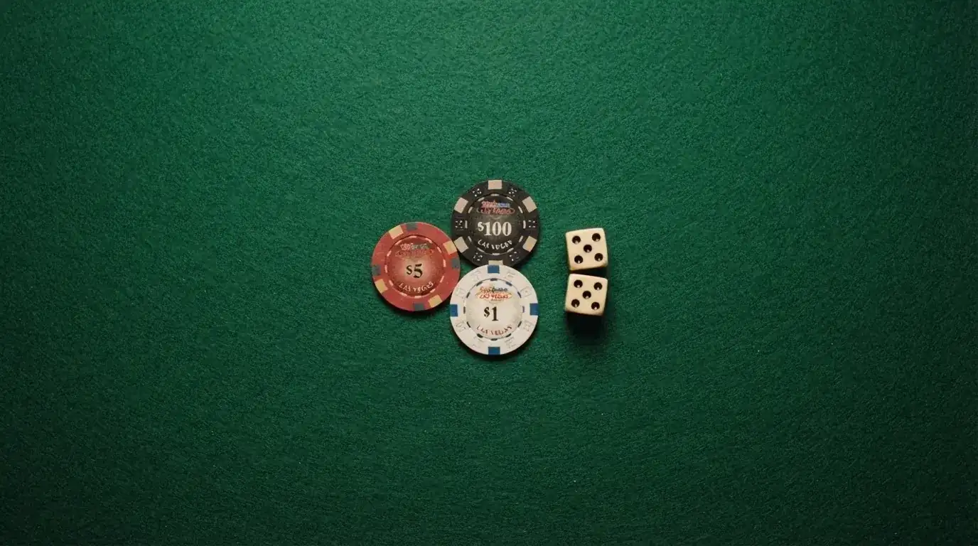Vista cenital de fichas de casino y dados sobre una mesa de fieltro verde bajo luz suave.