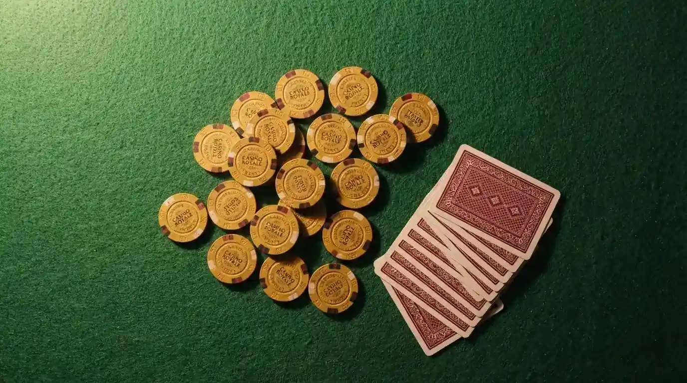 Vista cenital de fichas doradas y una baraja de cartas sobre una mesa de fieltro verde.
