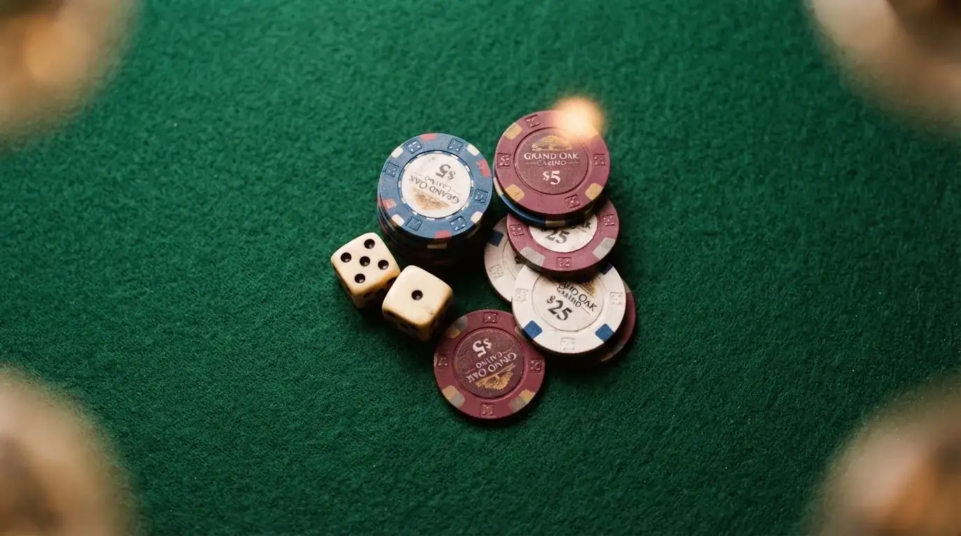 Vista cenital de fichas de casino y dados sobre una mesa de fieltro verde bajo luz suave.