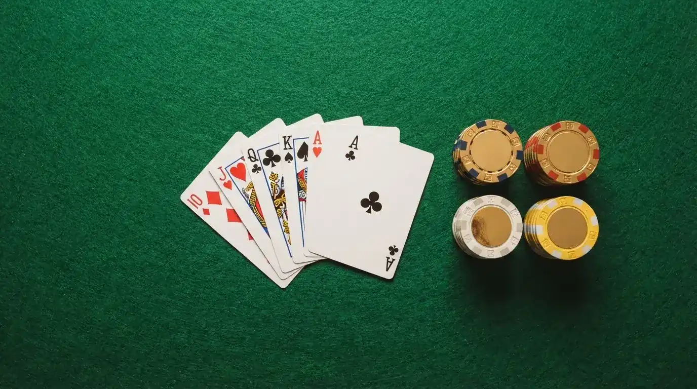Vista cenital de fichas doradas y una baraja de cartas sobre una mesa de fieltro verde.