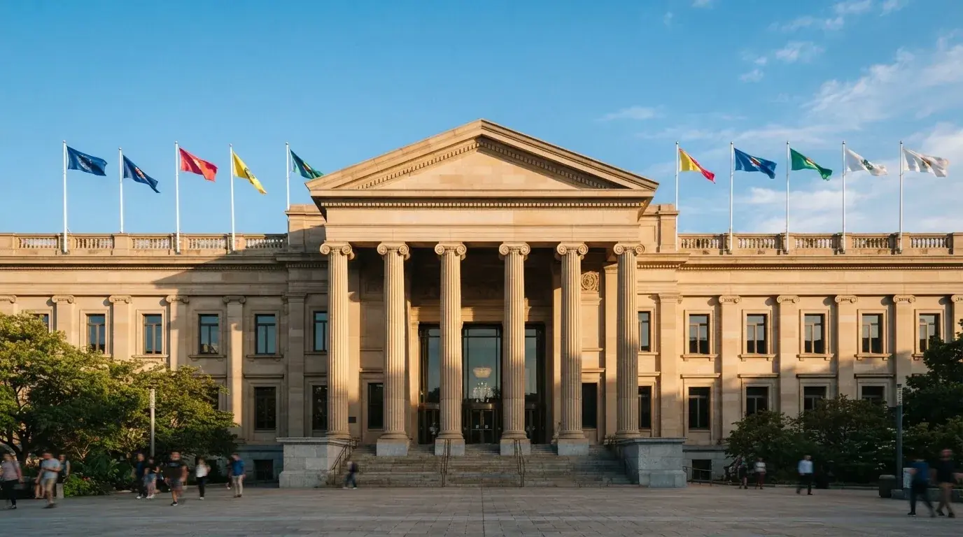 Fachada de un edificio institucional con banderas ondeando bajo un cielo despejado.