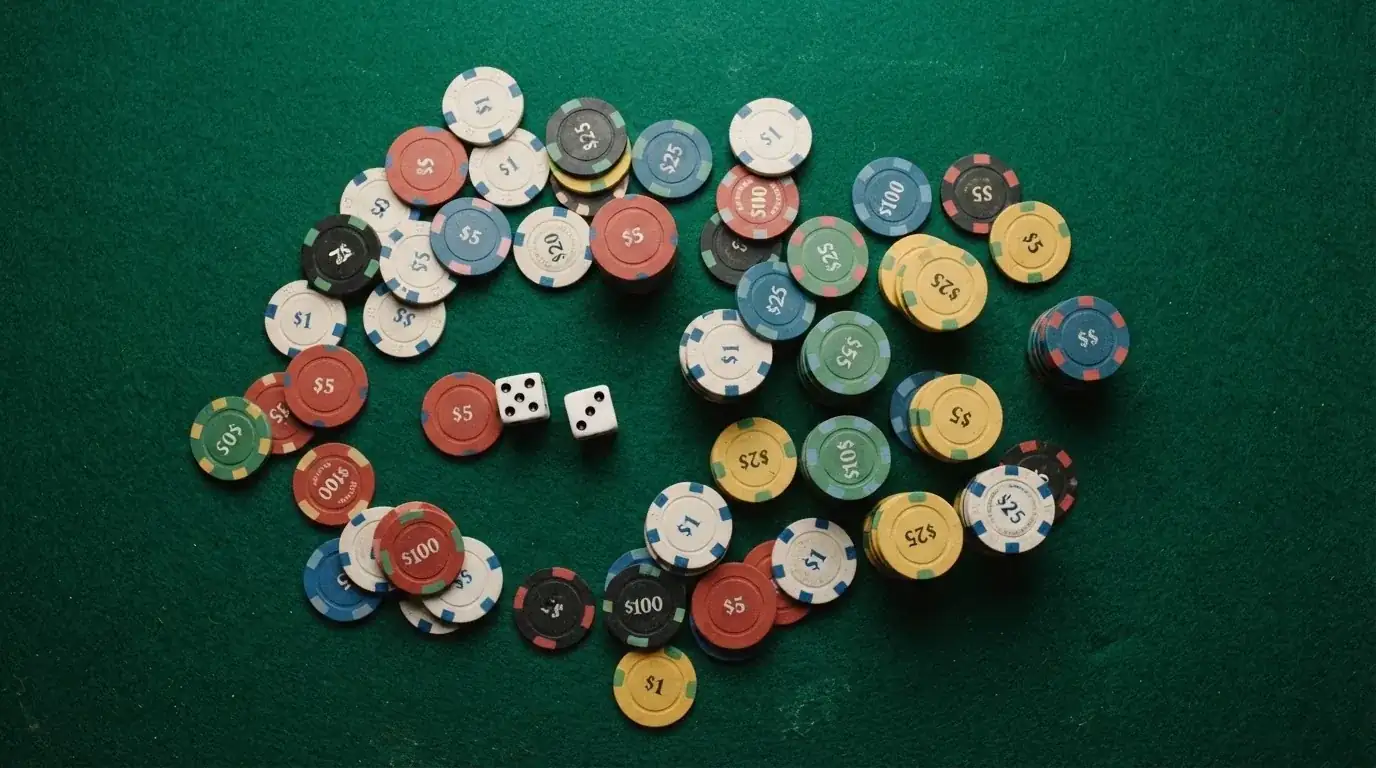Vista cenital de fichas de casino y dados sobre una mesa de fieltro verde bajo luz suave.