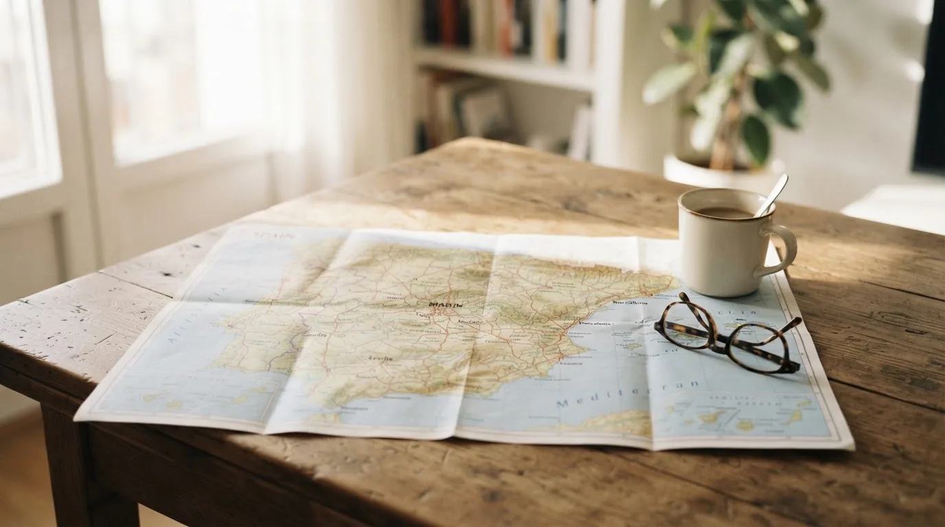 Un mapa físico de España sobre una mesa de madera junto a una taza de café y unas gafas, con luz natural entrando por una ventana.