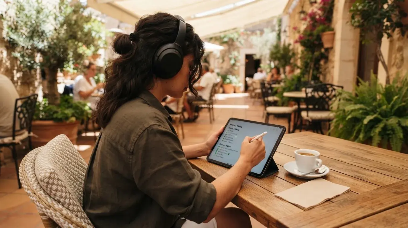Una persona con auriculares revisa una lista en una tableta apoyada sobre una mesa de café en una terraza soleada.