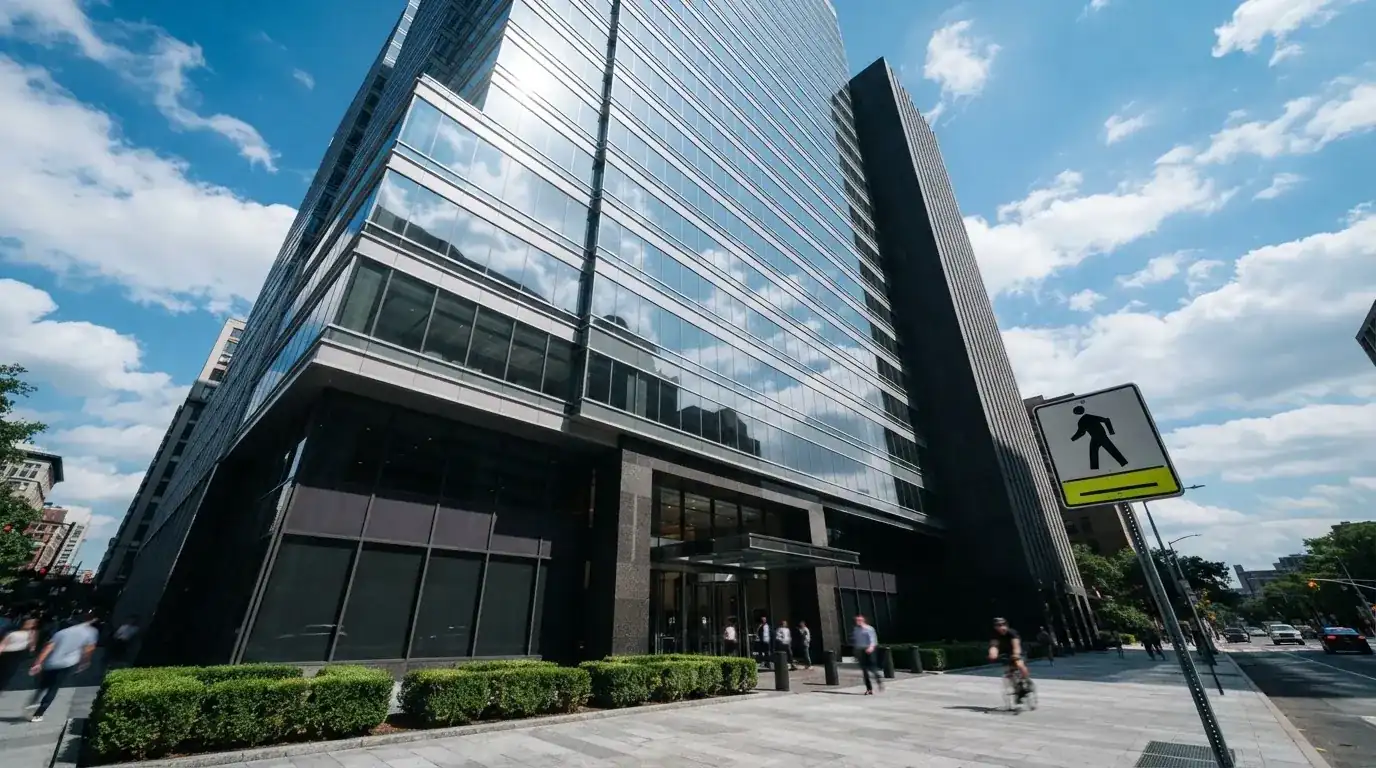Un edificio de oficinas con fachada de cristal reflejando el cielo, fotografiado desde la acera de una calle ancha.