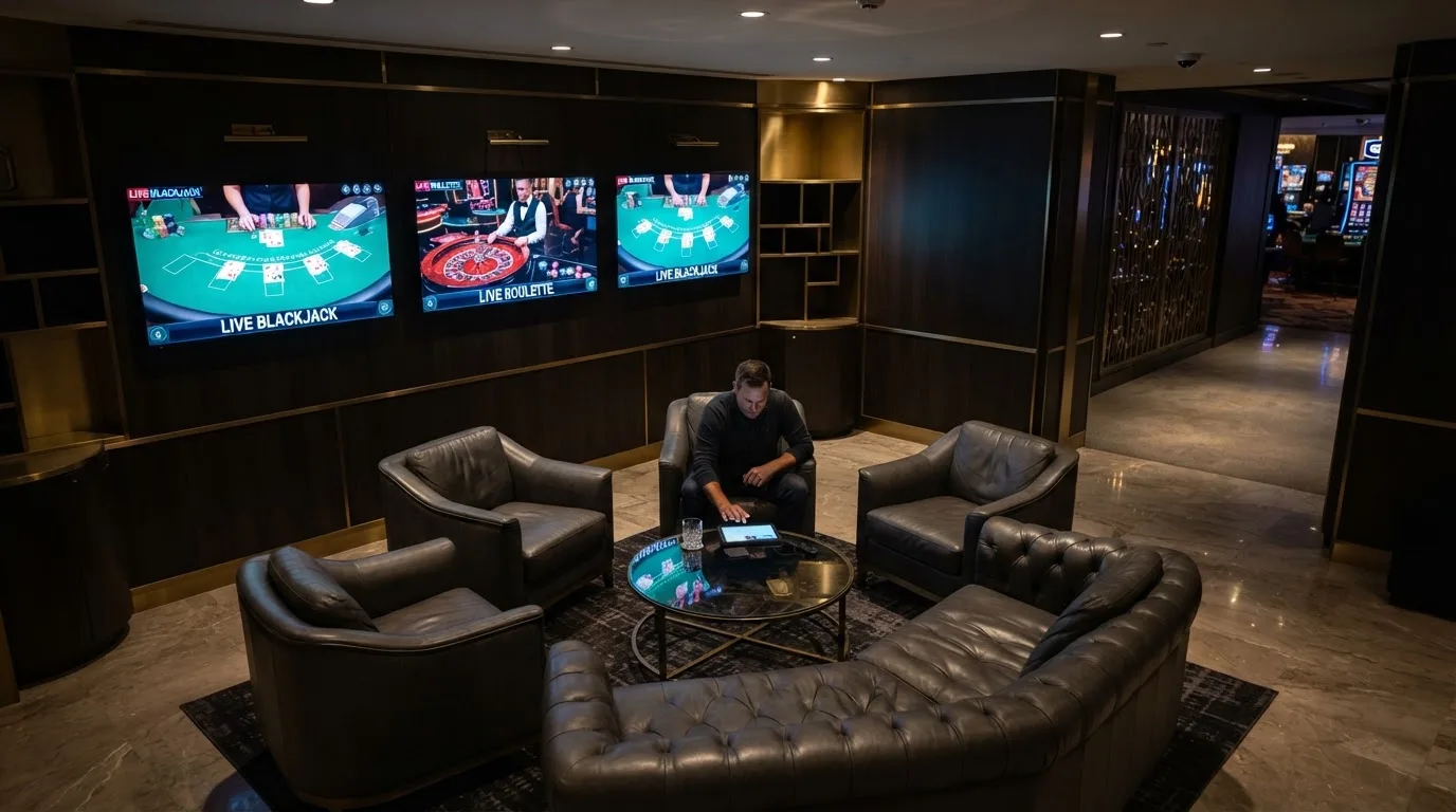 Fotografía de un salón de casino moderno con pantallas de transmisión en directo y sillones cómodos, ambiente cálido y profesional.