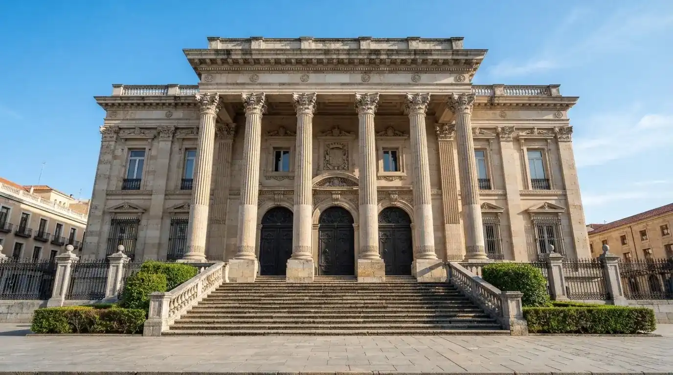 Fotografía de la fachada de un edificio institucional español con columnas clásicas bajo un cielo despejado.