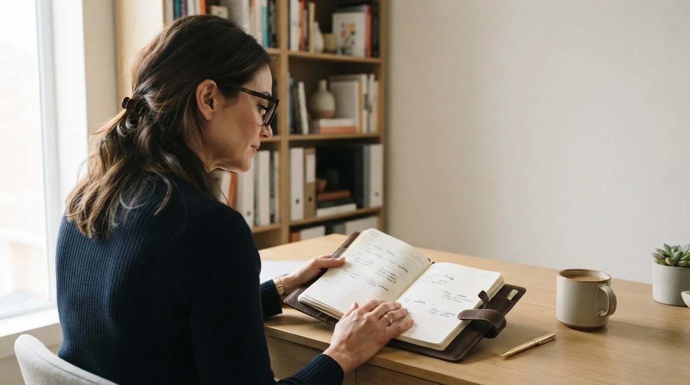 Una mujer con gafas revisa su agenda en un escritorio de oficina moderna con estanterías al fondo.