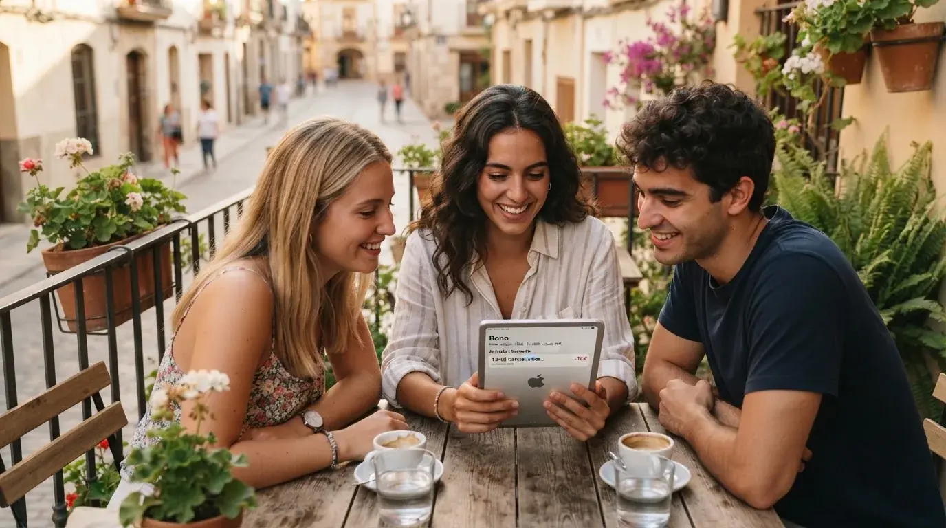 Un grupo de amigos revisa algo en una tableta sobre una mesa de madera en una terraza al aire libre.
