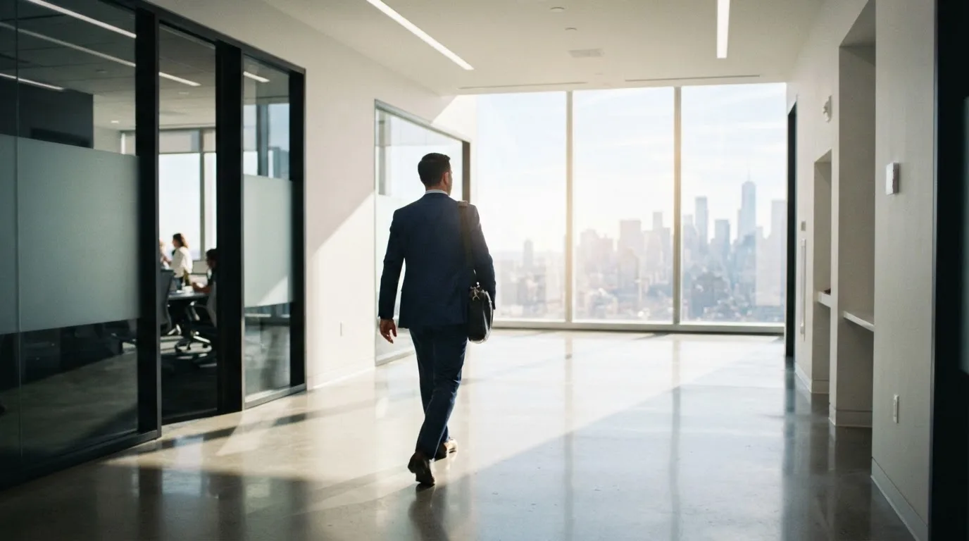 Un hombre con traje camina por el pasillo de un edificio de oficinas moderno con grandes ventanales.