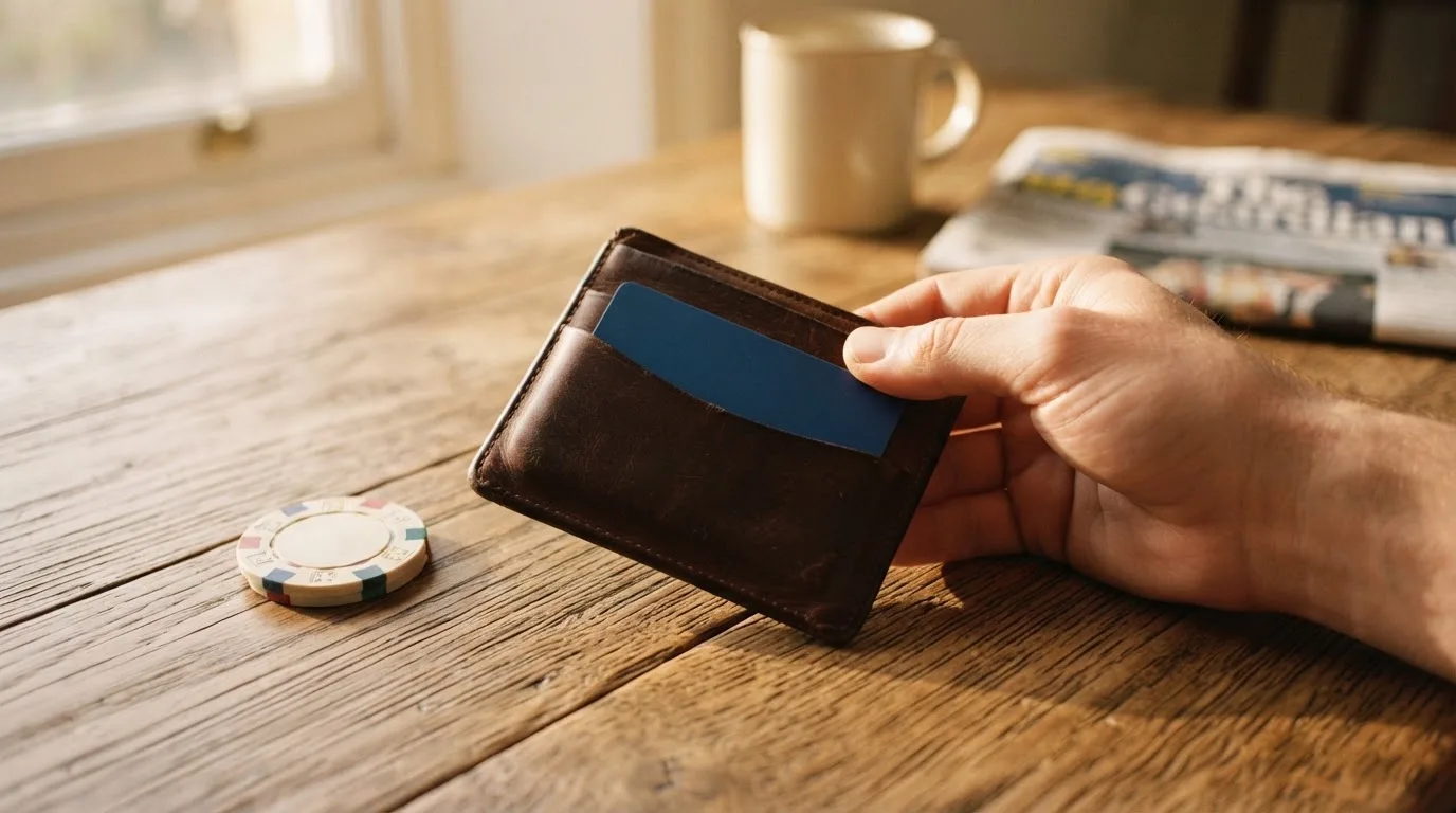 Un hombre revisa su cartera con tarjetas y monedas sobre una mesa de madera en casa.