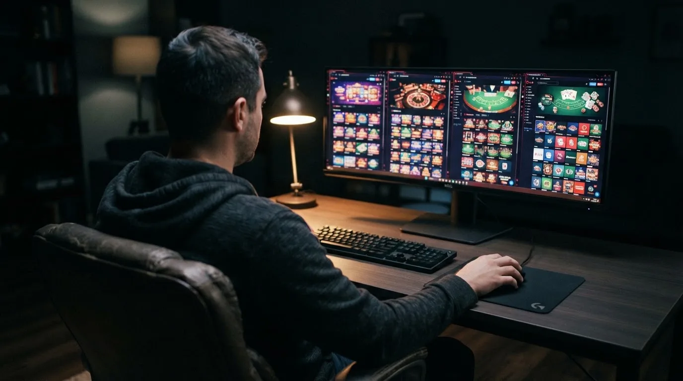Un hombre compara varias páginas de casinos online abiertas en pestañas distintas de su ordenador de sobremesa.