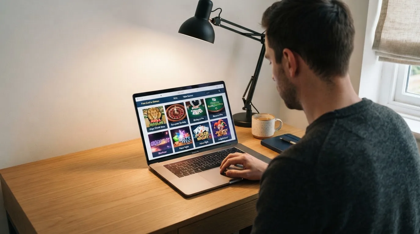 Un hombre explora distintos juegos gratuitos de casino en la pantalla de su ordenador portátil, sentado en su escritorio.