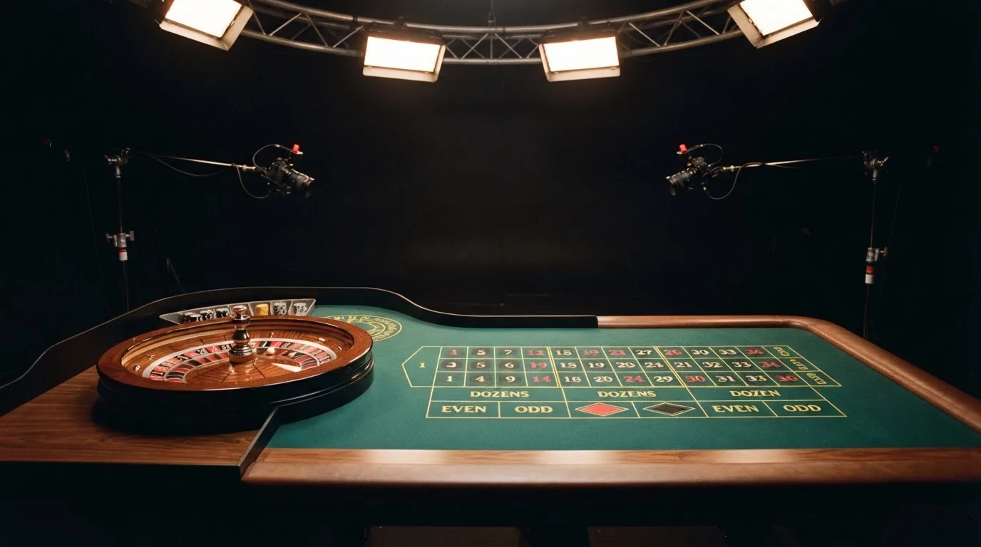 Una mesa de ruleta en vivo vacía momentos antes de empezar la retransmisión, con luces de estudio profesional encendidas.