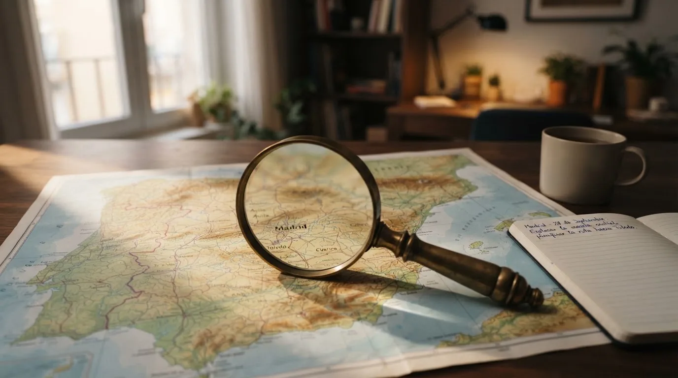 Una lupa sobre un mapa de España iluminado en un escritorio de oficina, con una ventana al fondo desenfocada.