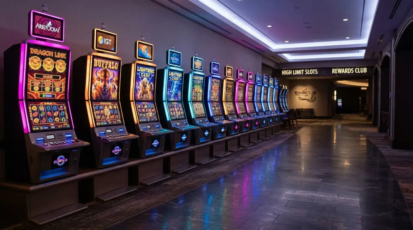 Una hilera de máquinas tragaperras modernas con luces de colores encendidas, fotografiada en un pasillo de casino vacío.