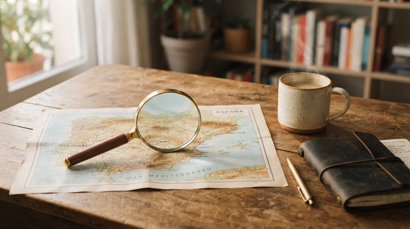 Una lupa sobre un mapa de España colocado en un escritorio de madera junto a una taza de café humeante.